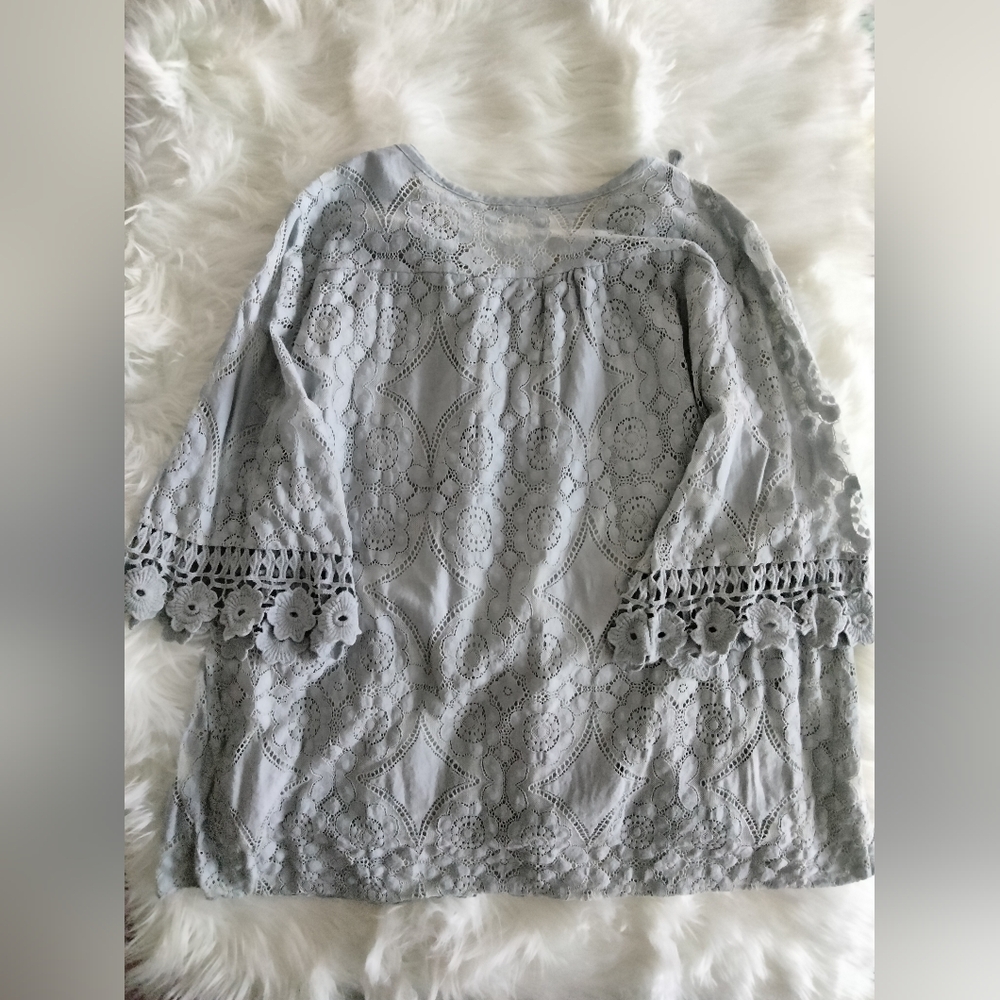 Boho Crochet Sleeve Top – Soft Blue/Grey with Golden Embroidery - Picture 7 of 10